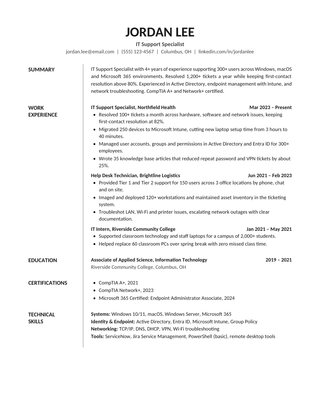 IT Support Specialist Resume Template for Google Docs and Word
