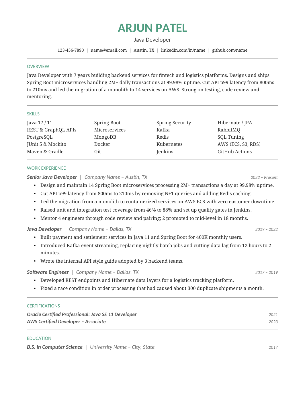 Java Developer Resume template for Google Docs and Word