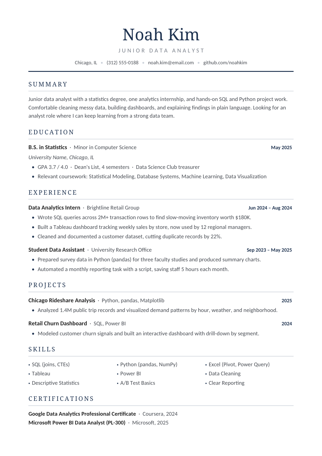 Junior Data Analyst Resume template for Google Docs and Word