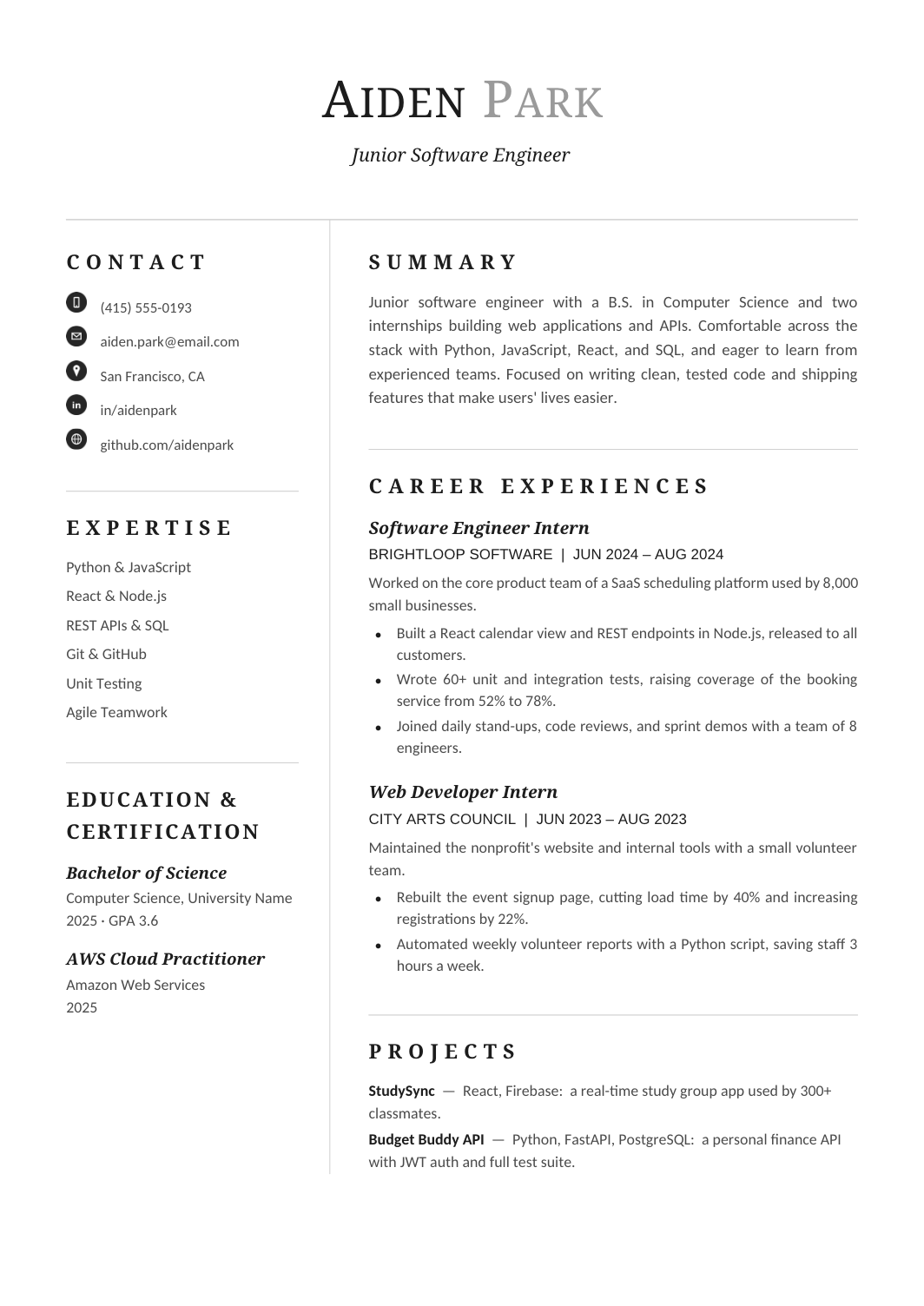 Junior Software Engineer Resume template for Google Docs and Word