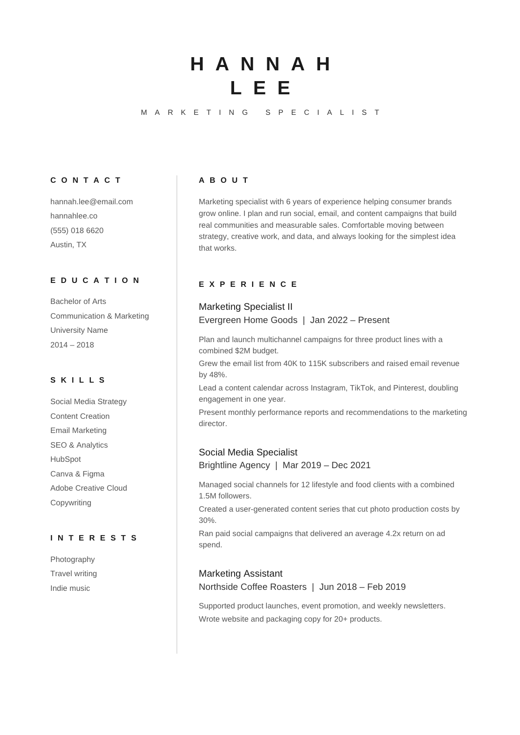 Marketing Specialist Resume template for Google Docs and Word
