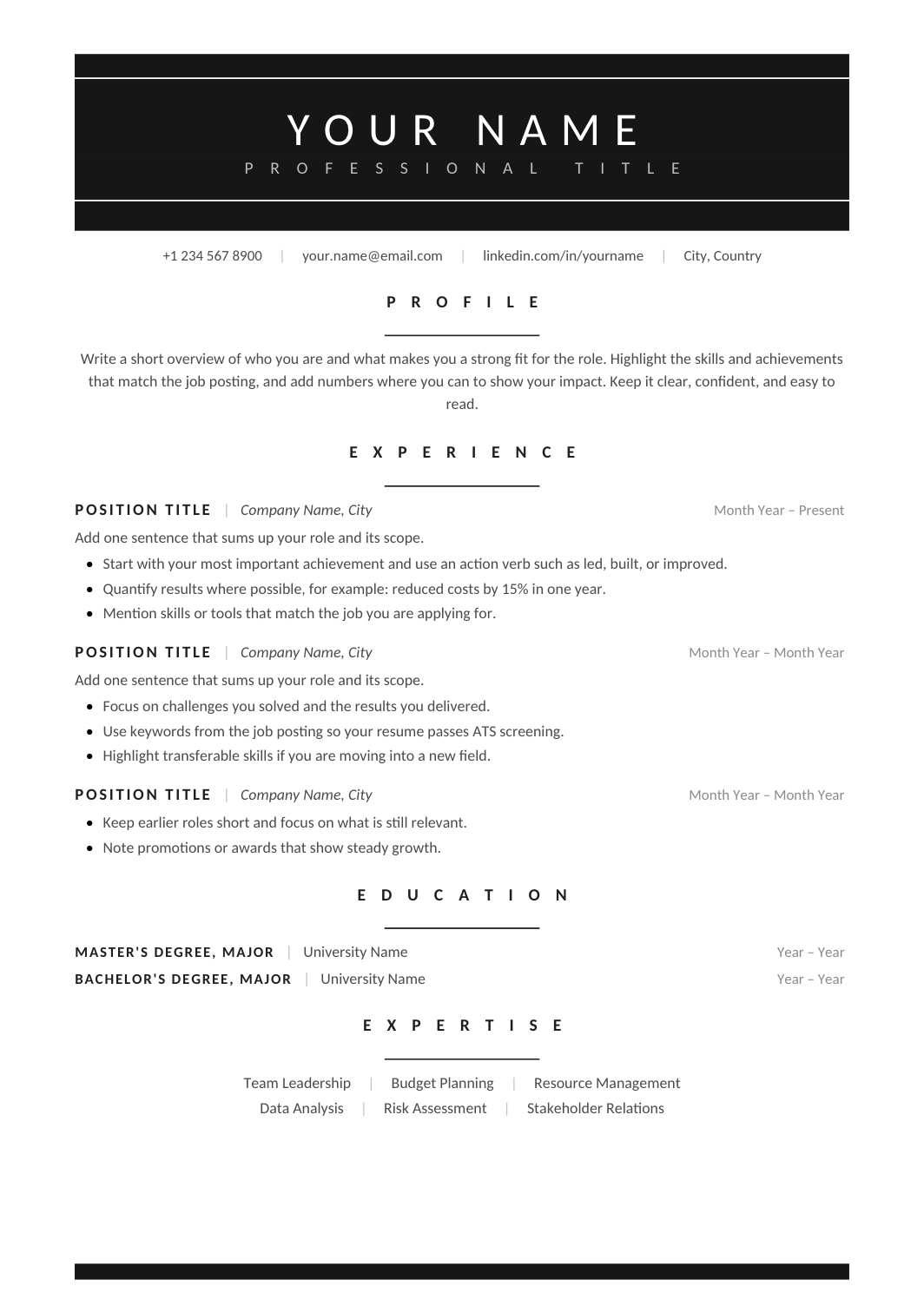 Minimal Black Resume template for Google Docs and Word