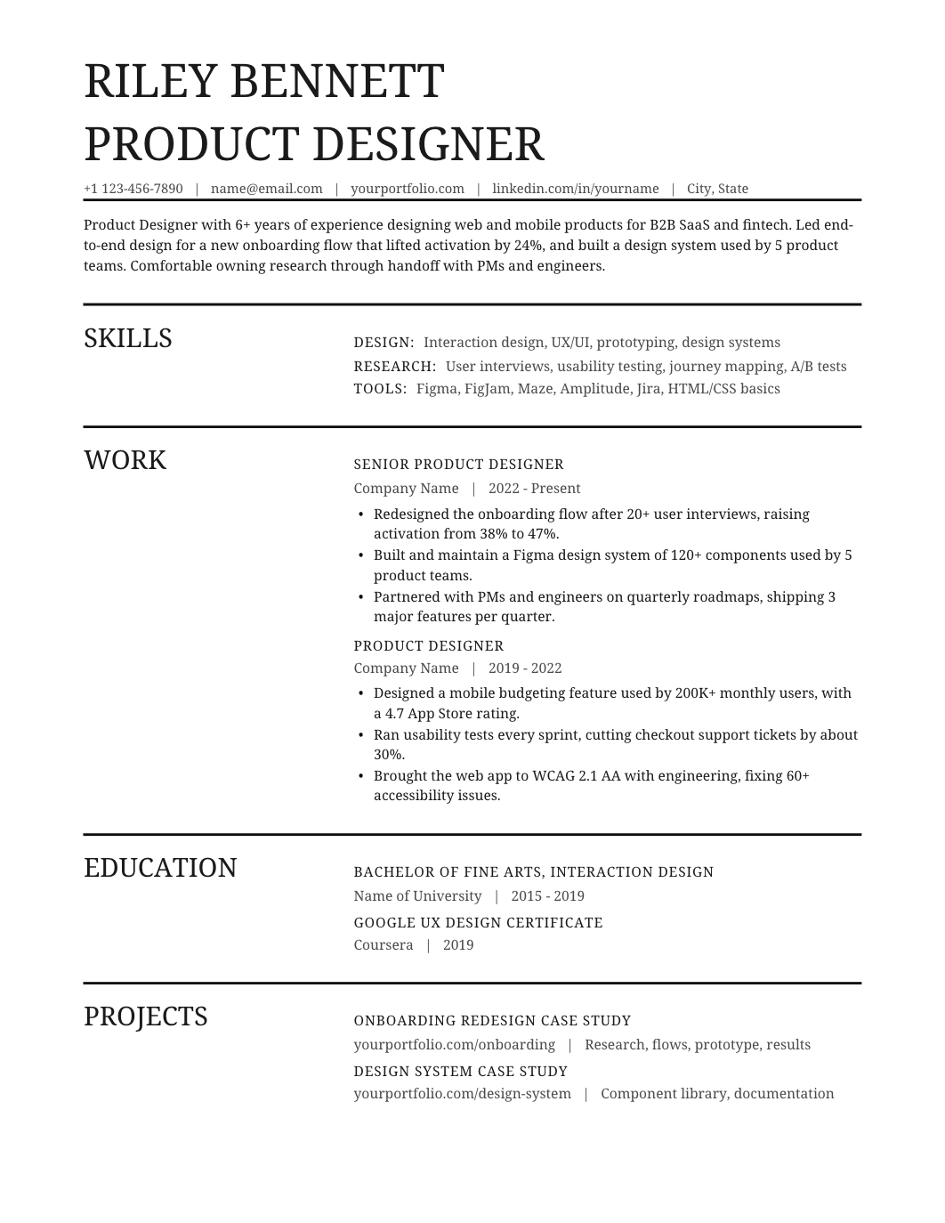 Minimal professional resume template with bold rules and compact section labels