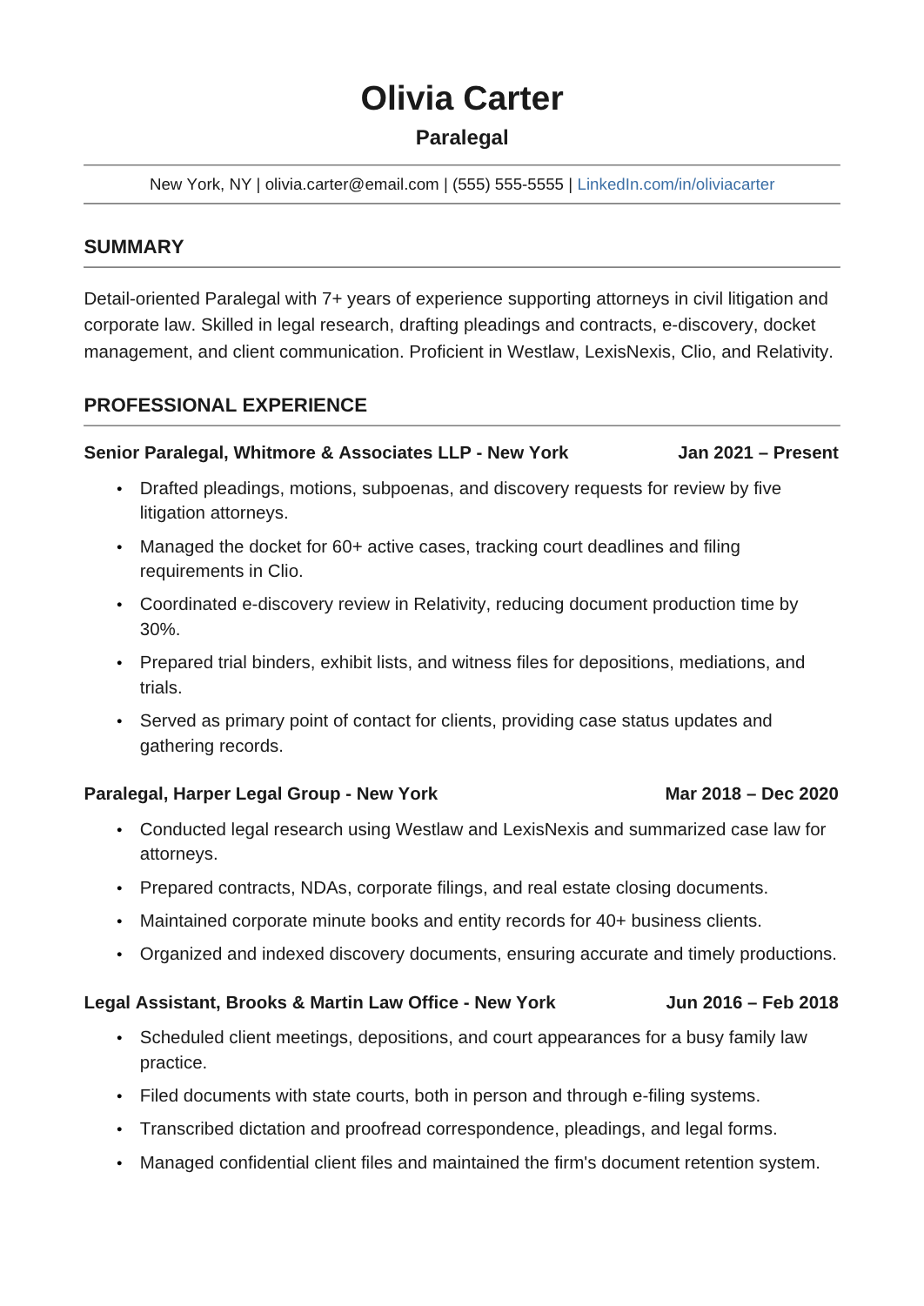 Minimalist ATS resume template with one column, Arial typography, and standard section headings