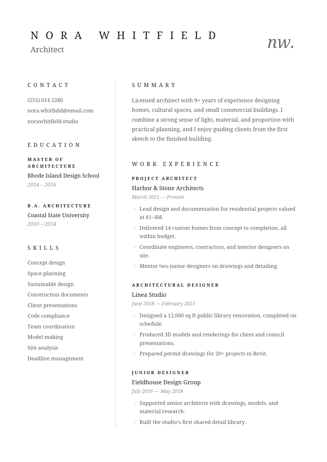 Minimalist Two Column Resume Template (2+ Pages) for Google Docs and Word