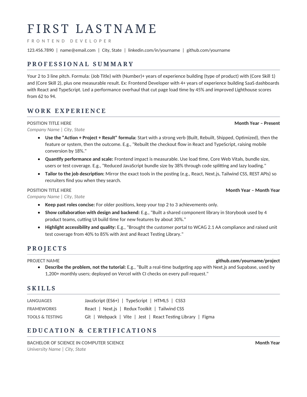 Modern professional resume template with navy serif headings and a one-column layout