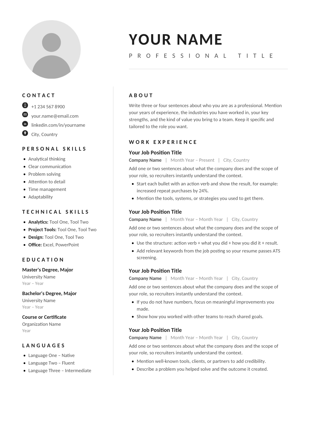 Monochrome Photo Resume template for Google Docs and Word
