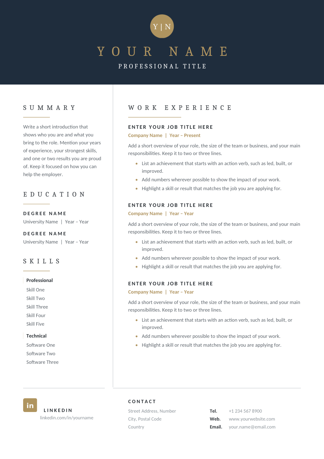 Navy Gold Two-Column Resume template for Google Docs and Word