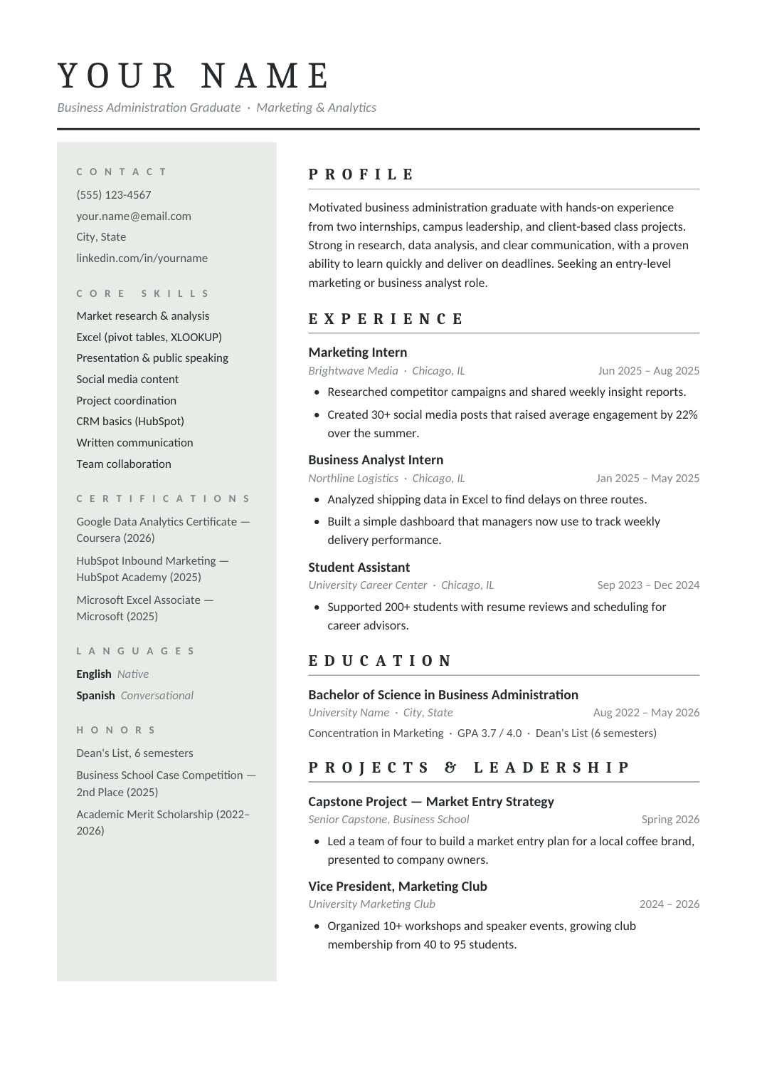 New Grad Nurse 2-Column Resume template for Google Docs and Word