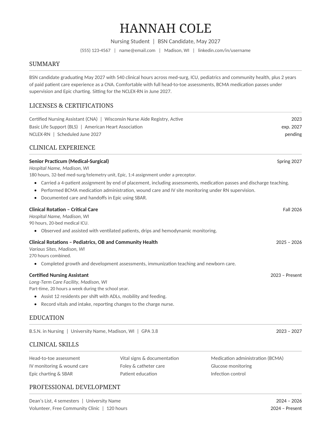 Nursing Student Resume template for Google Docs and Word