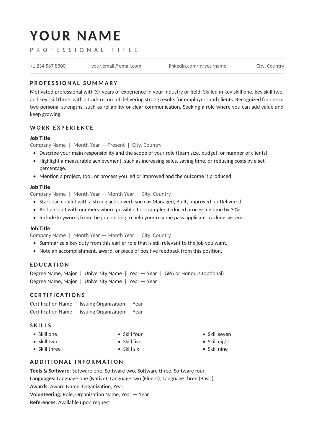 One Column Resume template for Google Docs and Word