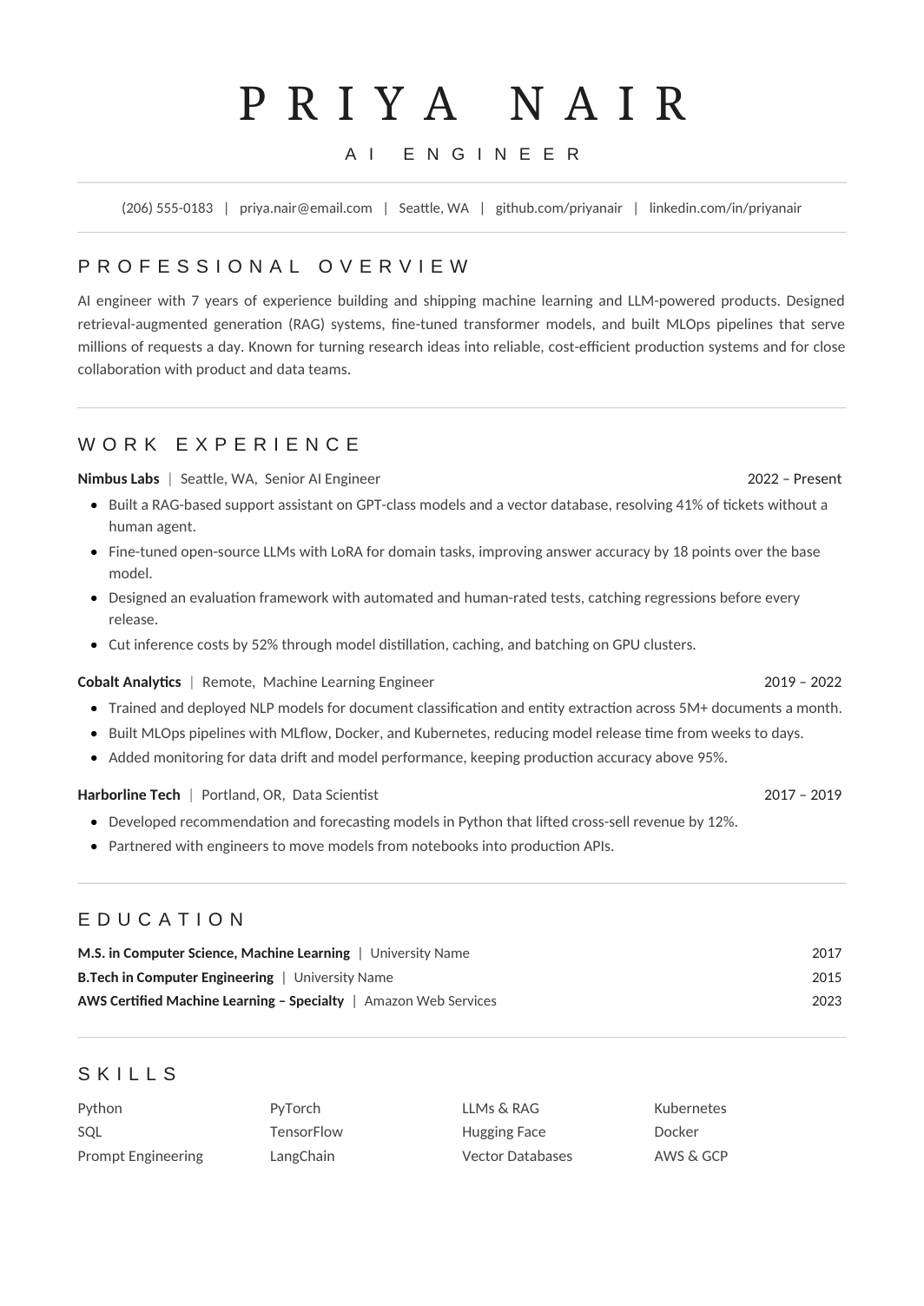 One-page ATS resume template with a single column, standard headings, work history, education, and skills