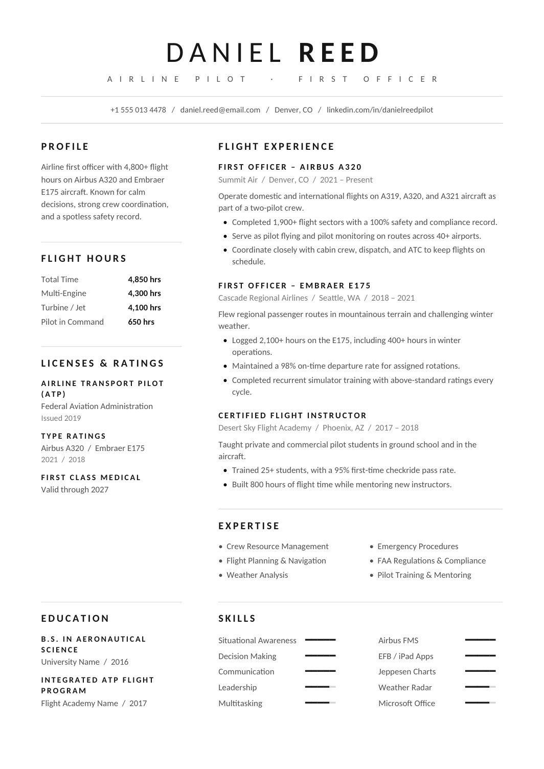Pilot Resume template for Google Docs and Word