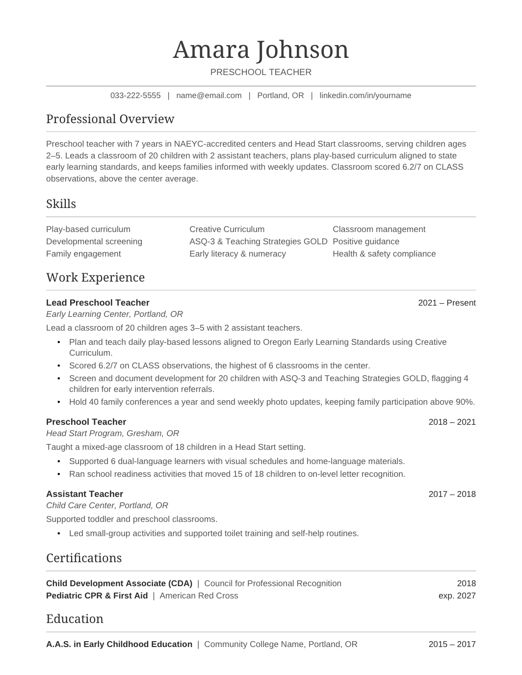 Preschool Teacher Resume template for Google Docs and Word