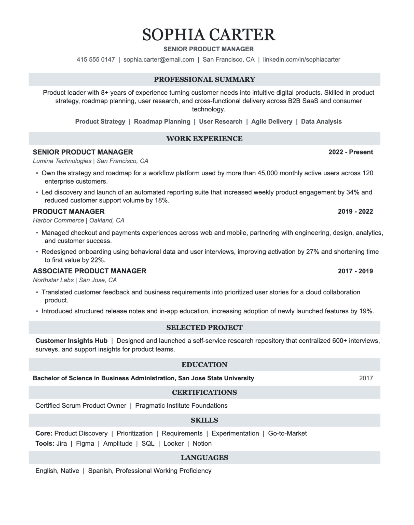 Product Manager Resume template for Google Docs and Word
