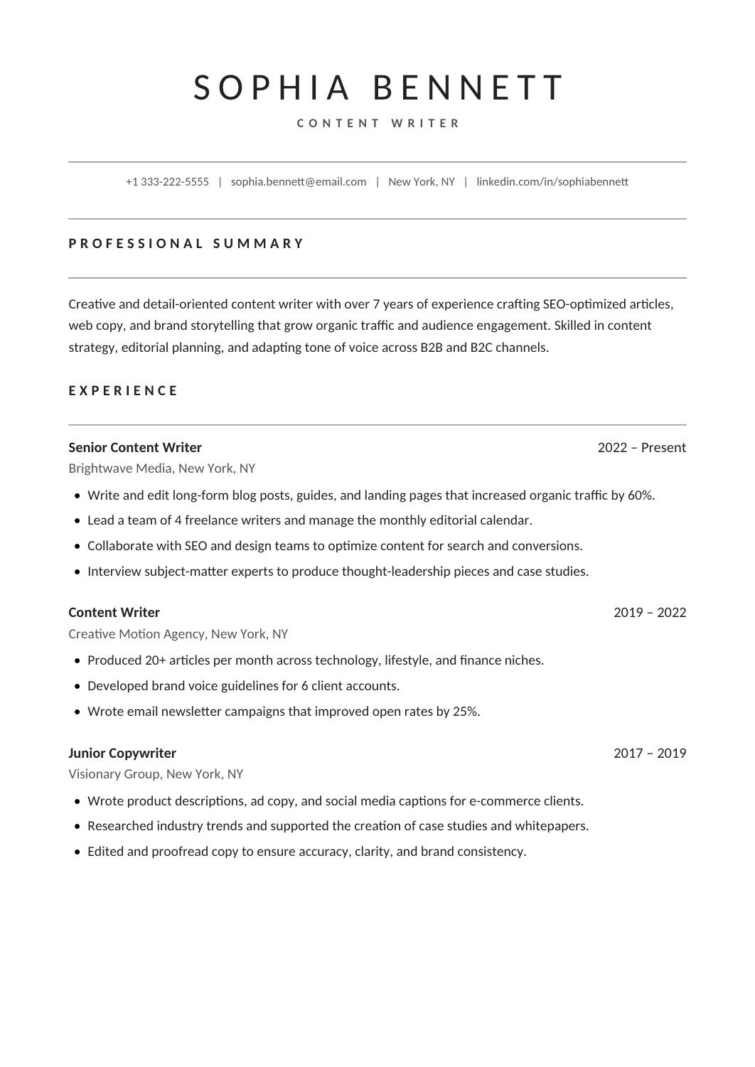Professional two-page resume template with a centered header, ruled headings, and spacious chronology