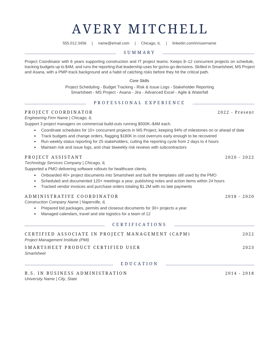 Project Coordinator Resume template for Google Docs and Word