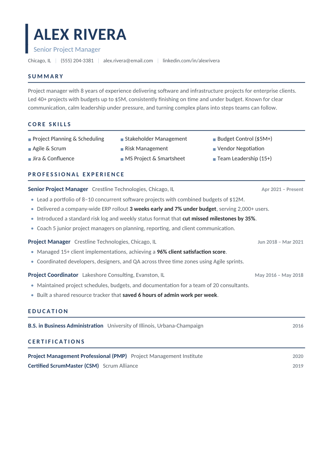 Project Manager Resume template for Google Docs and Word