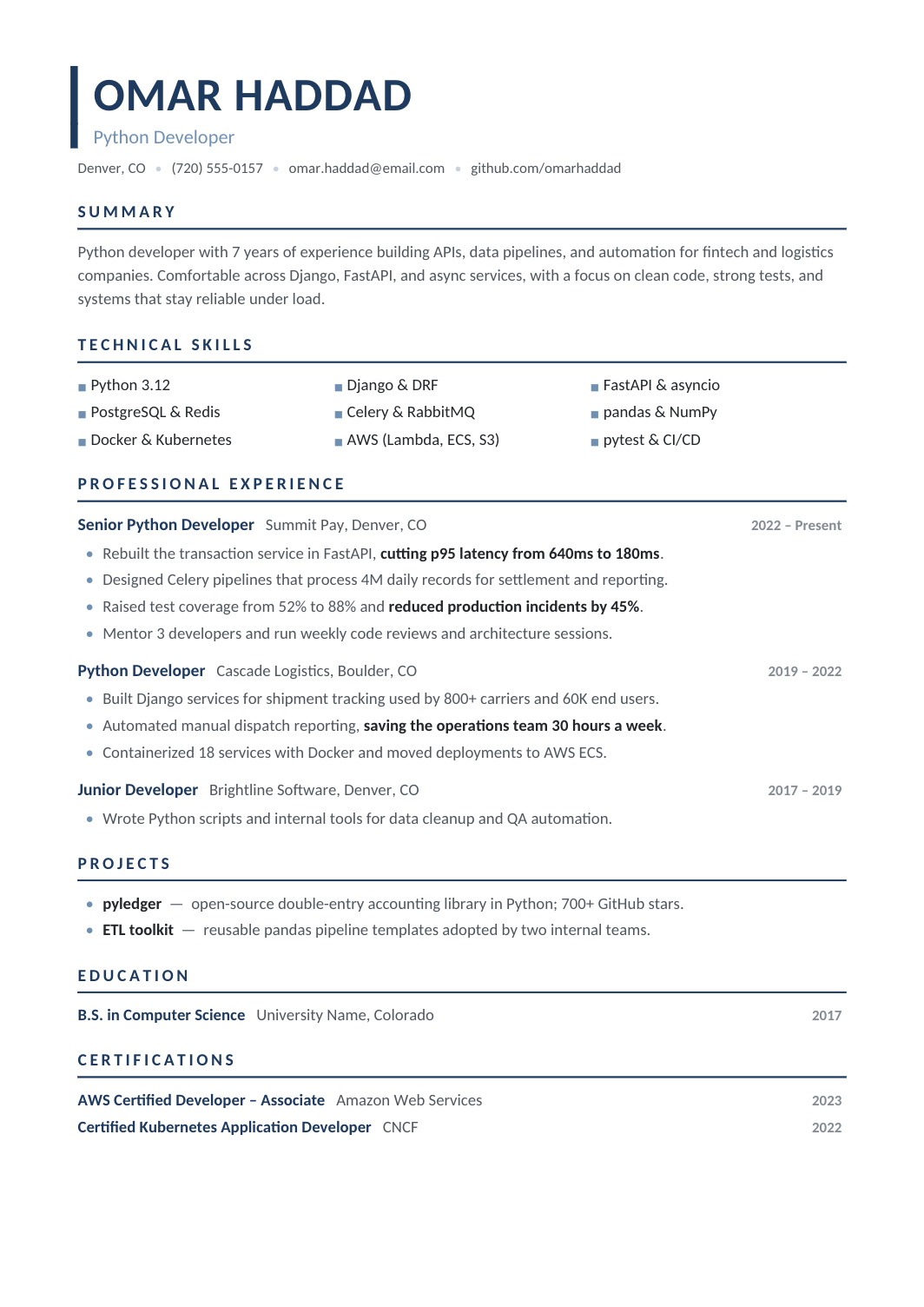 Python Developer Resume template for Google Docs and Word