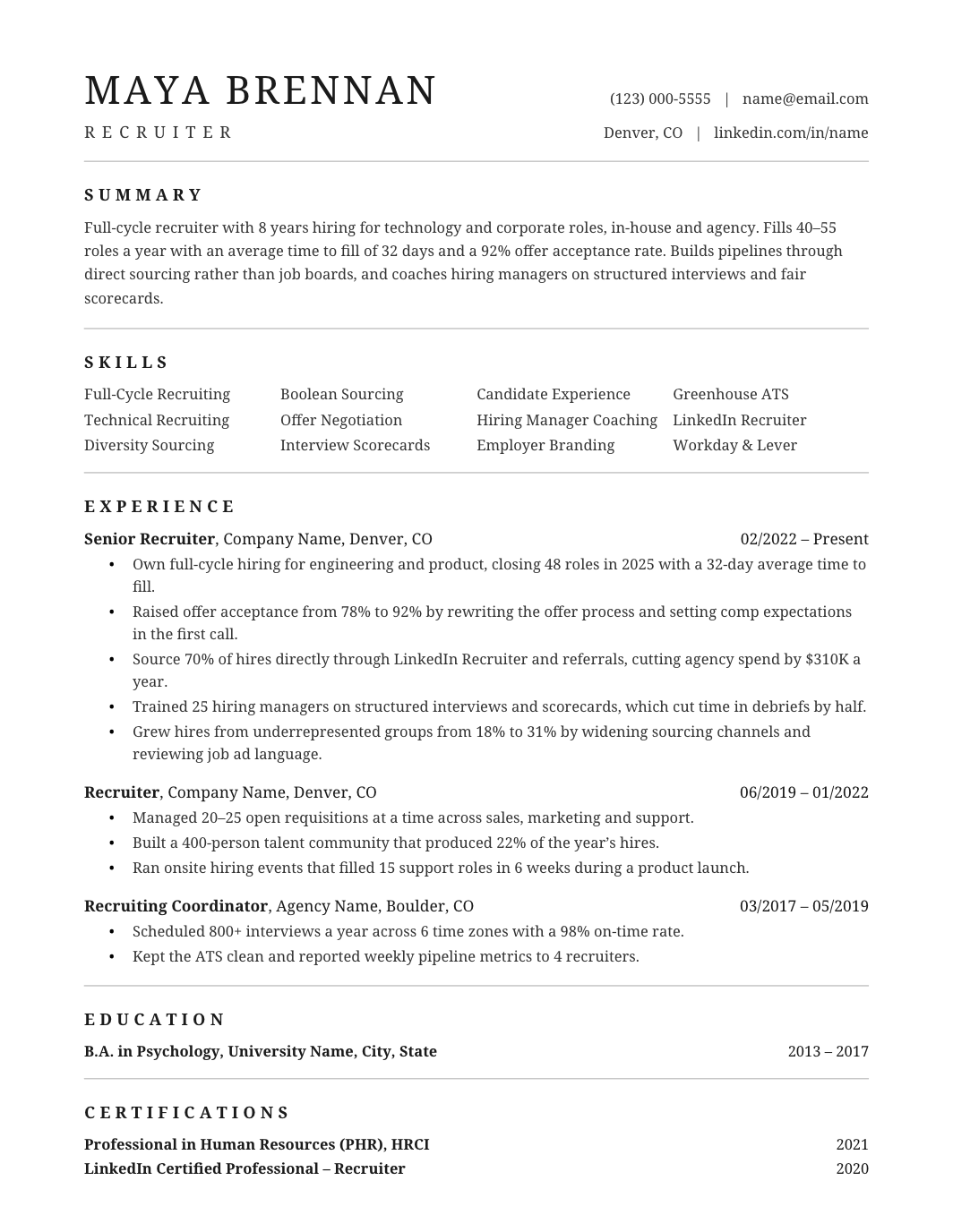 Recruiter Resume template for Google Docs and Word