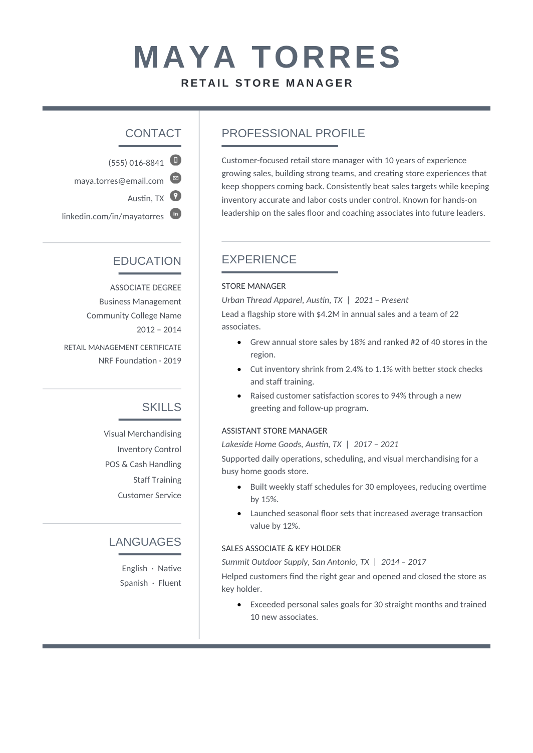 Retail Resume template for Google Docs and Word