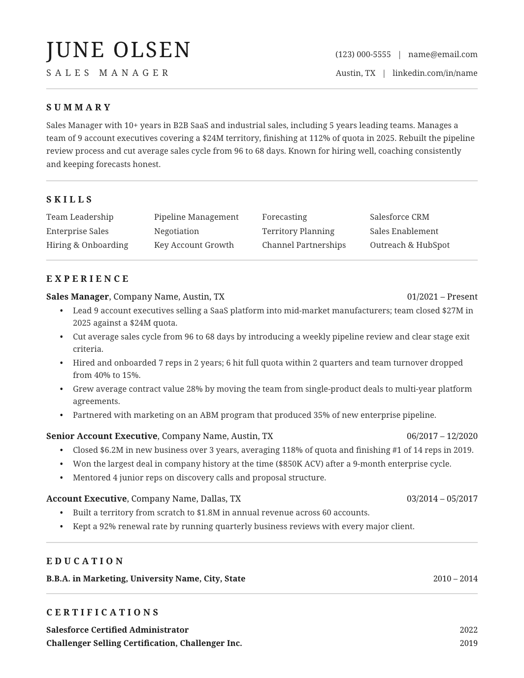 Sales Manager Resume template for Google Docs and Word