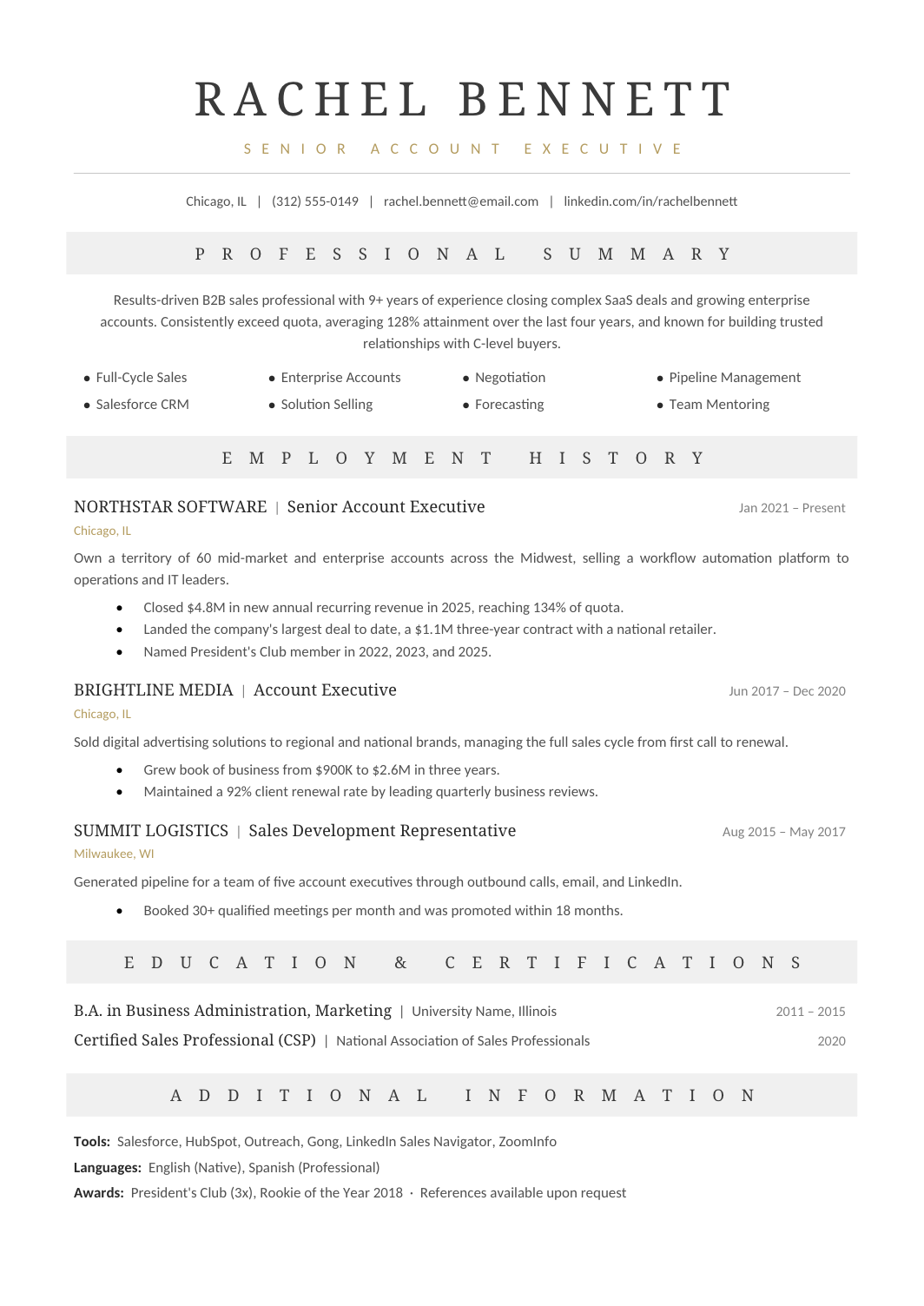 Sales resume template with quota results, account executive experience, and gray section bands