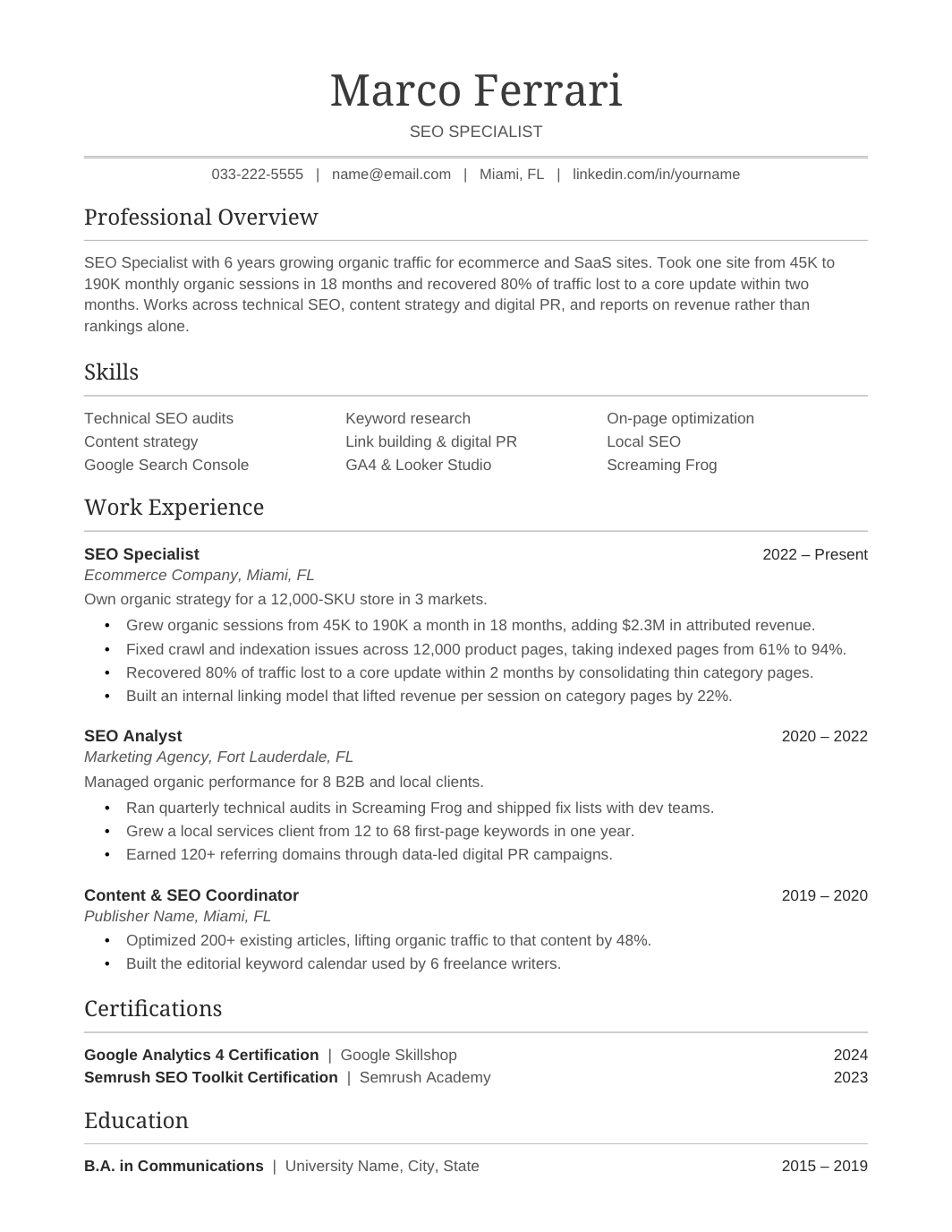 SEO Specialist Resume template for Google Docs and Word