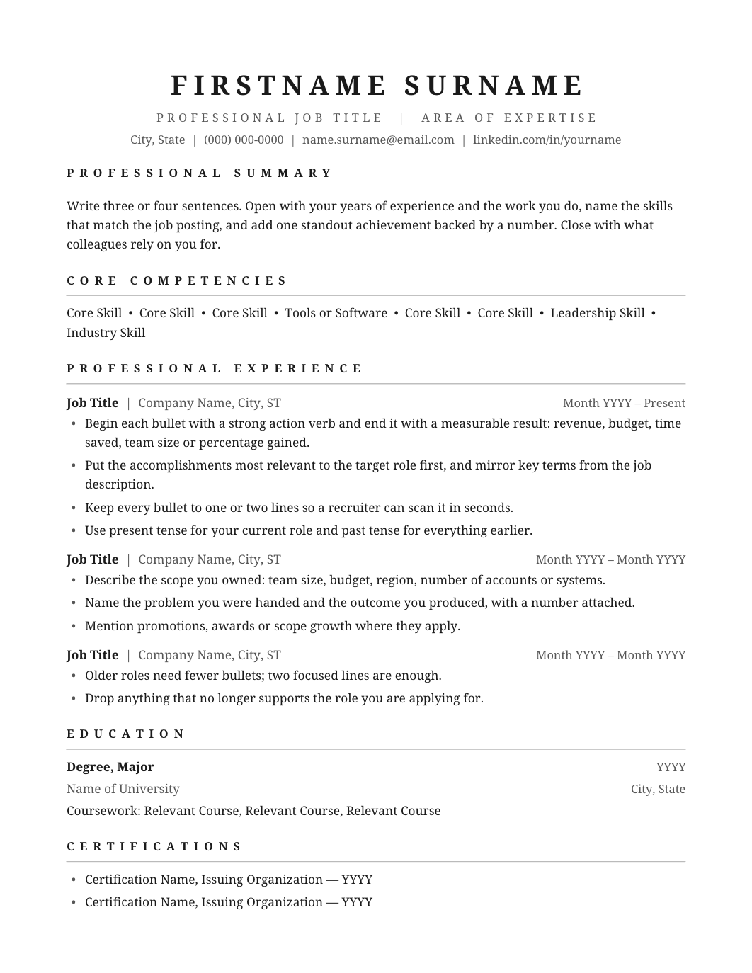 Simple One Page Resume template for Google Docs and Word