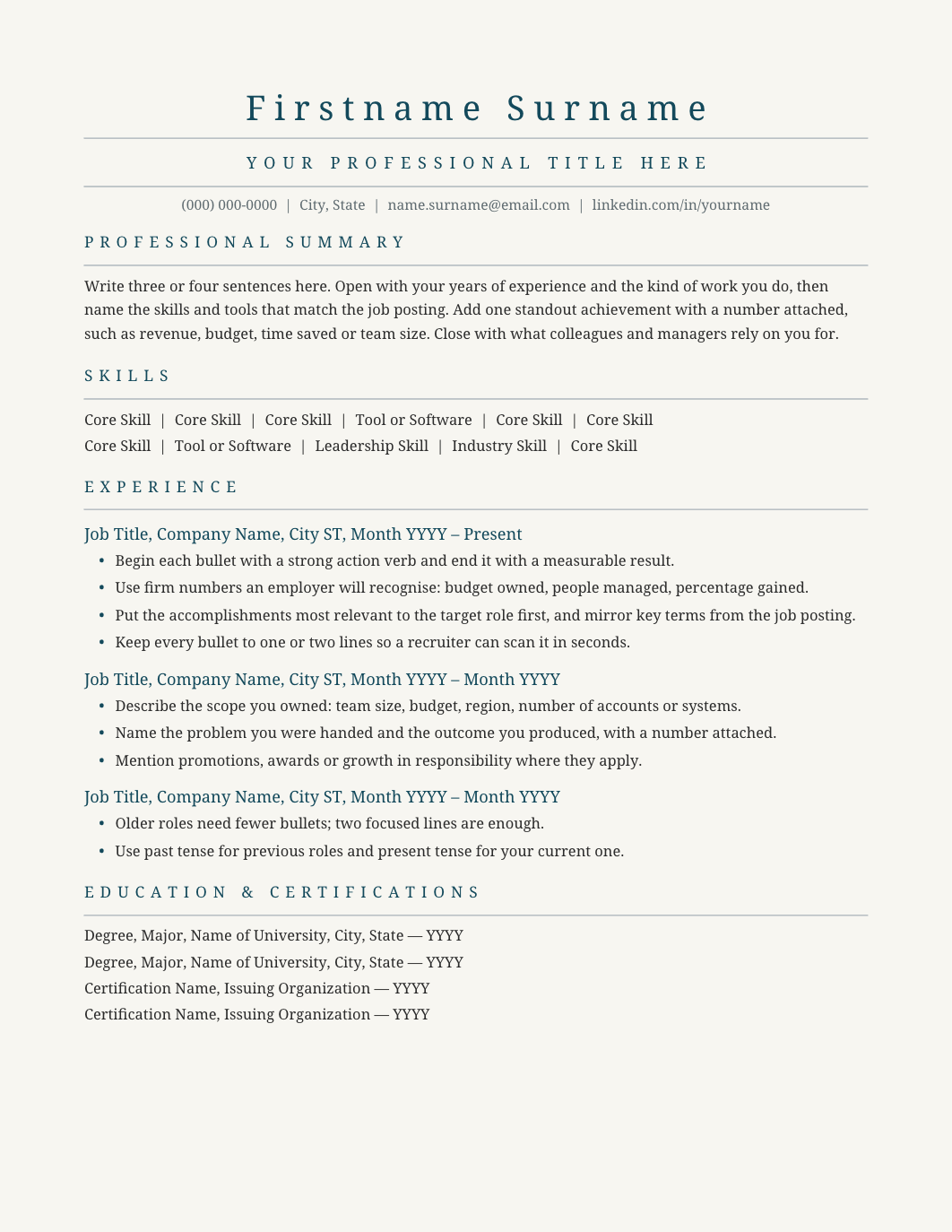 Single-Column Resume Template for Google Docs and Word