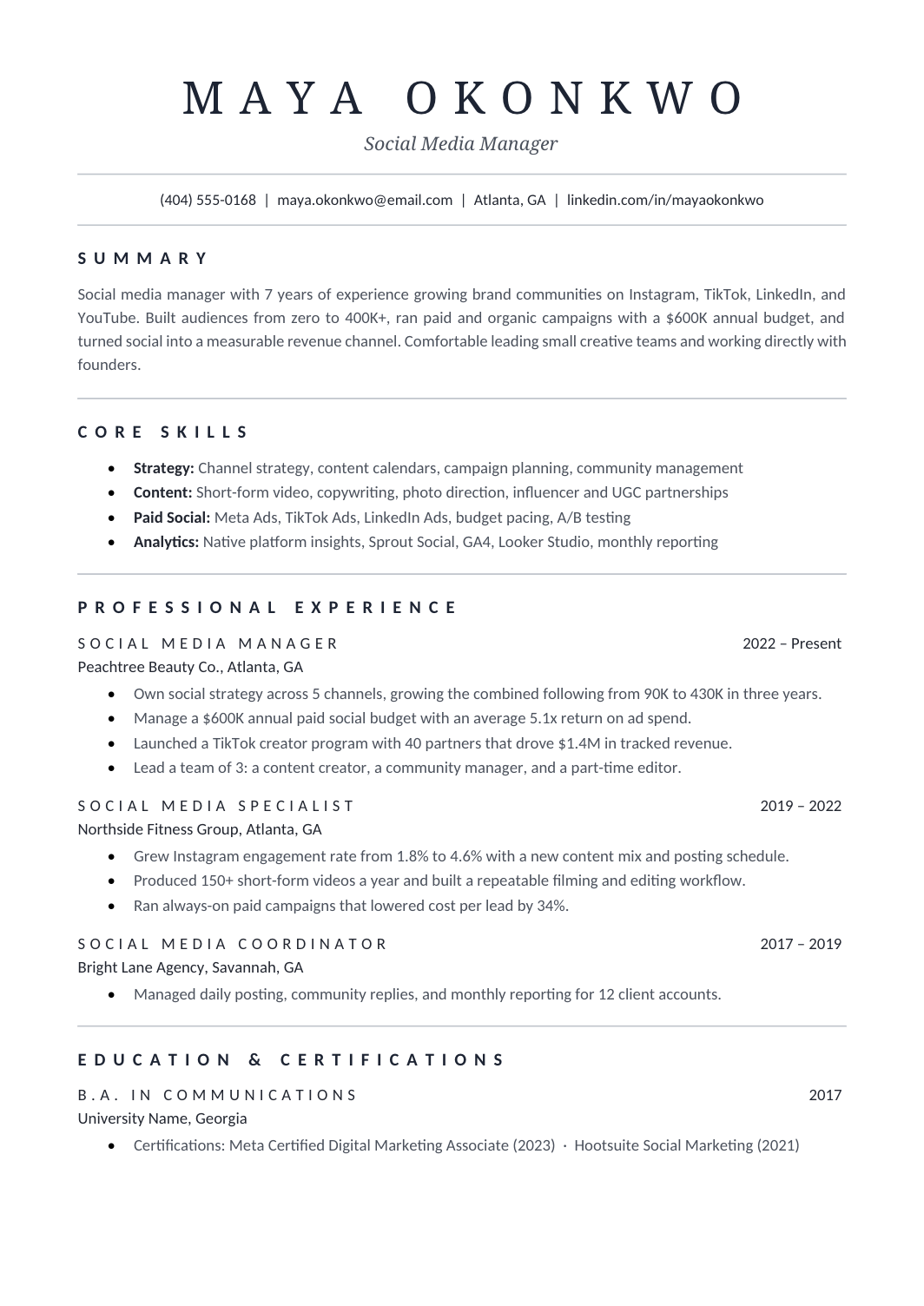 Social Media Manager Resume template for Google Docs and Word