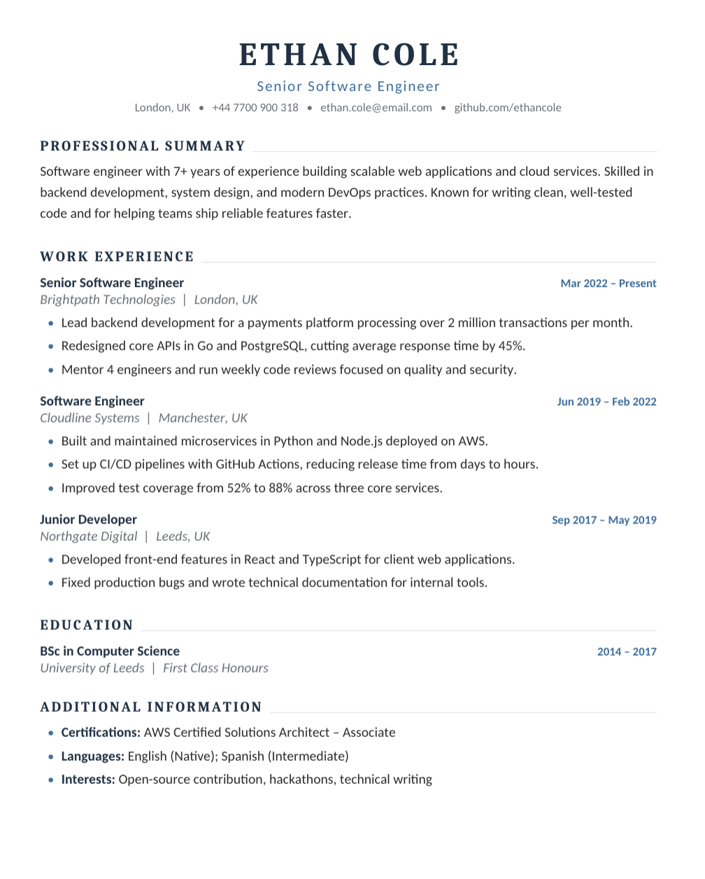 Software Engineer Resume template for Google Docs and Word