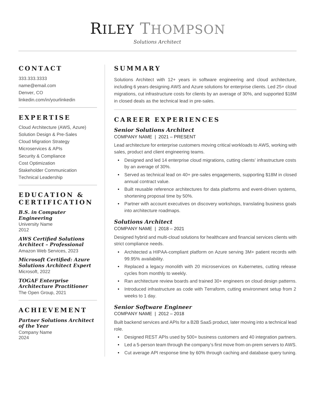 Solutions Architect Resume template for Google Docs and Word