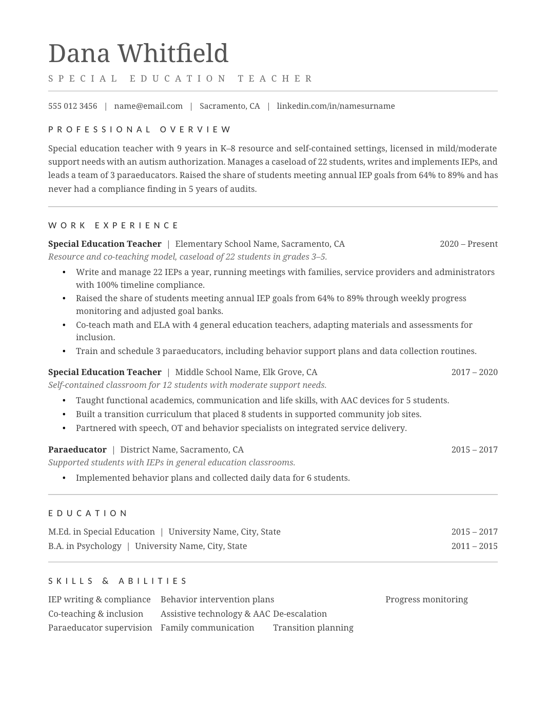 Special Education Teacher Resume template for Google Docs and Word