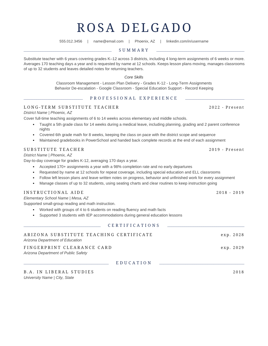 Substitute Teacher Resume template for Google Docs and Word