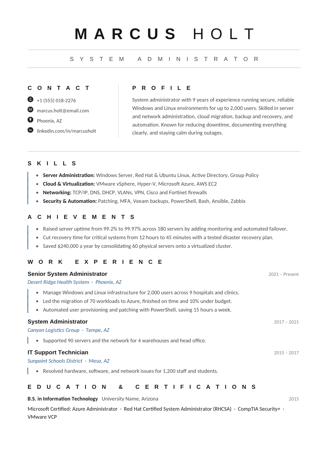 System Admin Resume template for Google Docs and Word