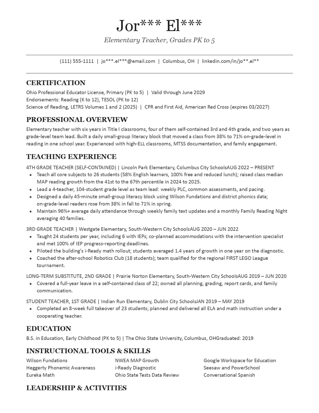 Teacher Resume Example template for Google Docs and Word