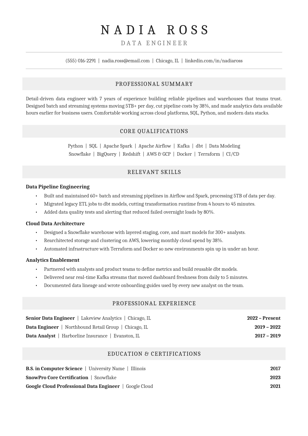 Traditional resume template with centered Cambria headings and pale gray section bands