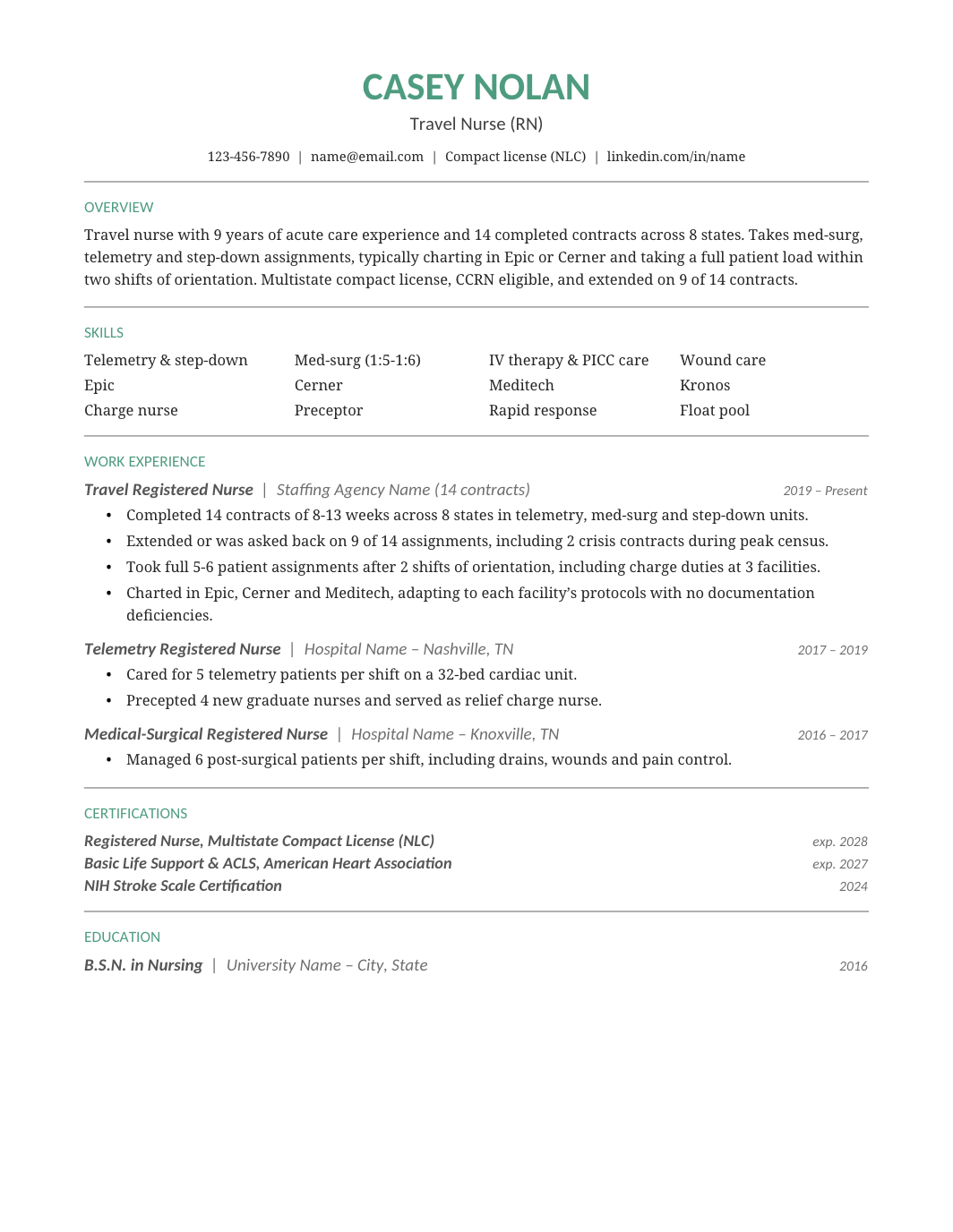 Travel Nurse Resume template for Google Docs and Word