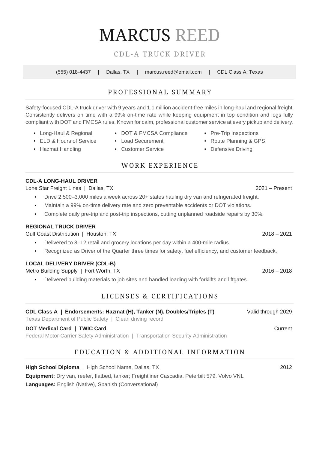 Truck Driver Resume template for Google Docs and Word
