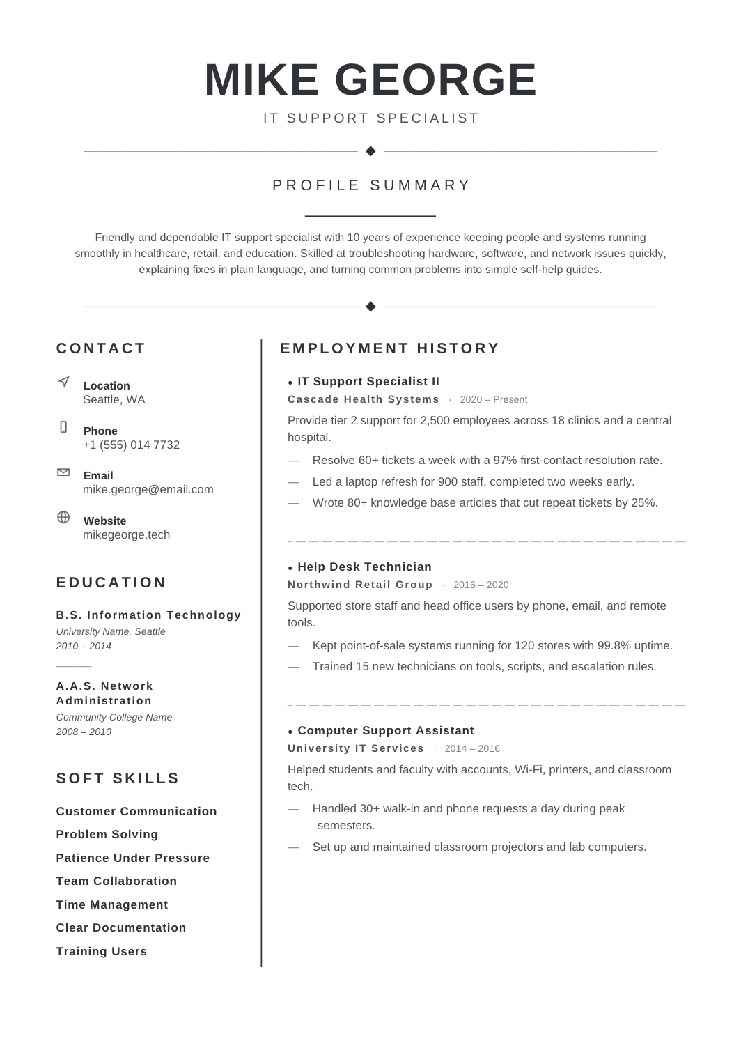 Two Page Resume Template for Google Docs and Word