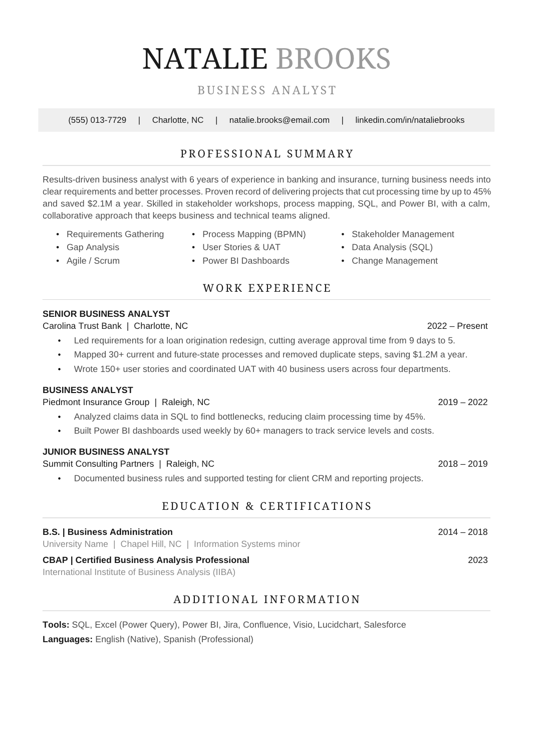 Two-tone professional resume with a gray contact band and centered serif section headings