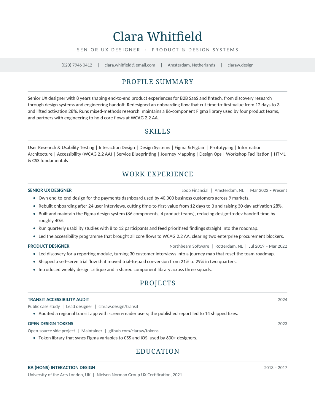 UX Designer Resume template for Google Docs and Word