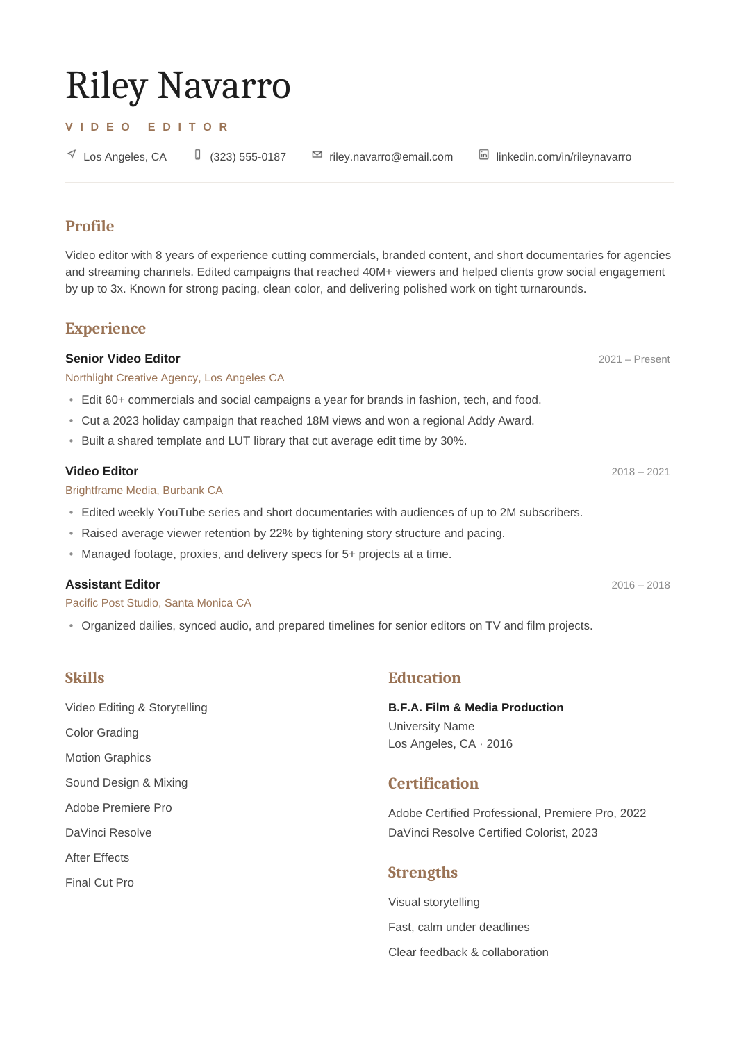 Video Editor Resume template for Google Docs and Word
