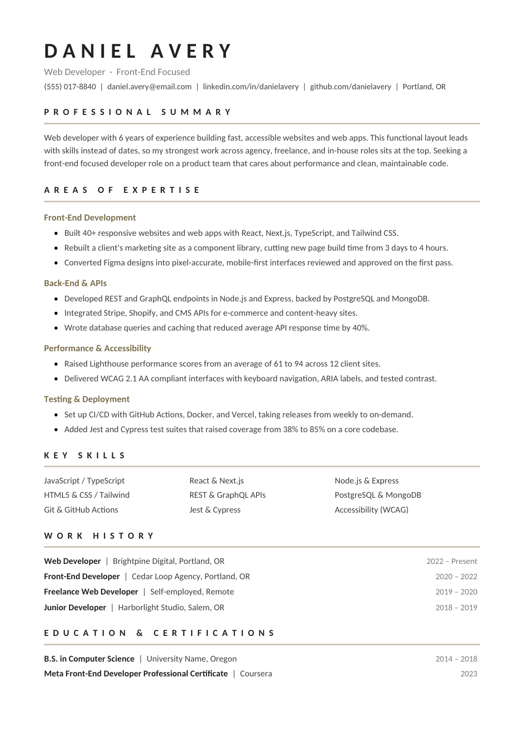 Web Developer Resume template for Google Docs and Word