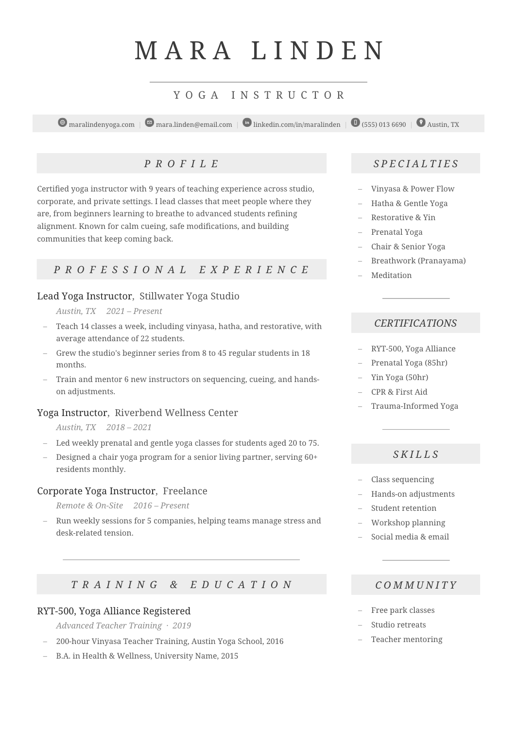 Yoga Instructor Resume template for Google Docs and Word